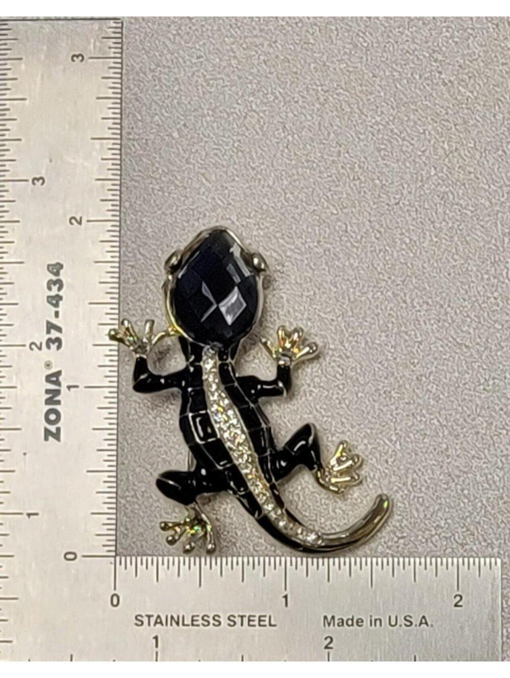 Gecko Lizard Brooch Pin Black Enamel Rhinestone Gold Tone Costume Jewelry